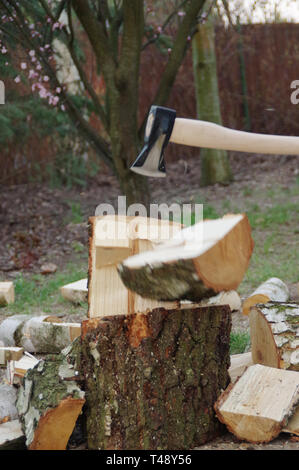 Holzhacken mit Axt in Händen. Brennholz für den Winter vorbereiten. Dynamische Ansicht. Stockfoto