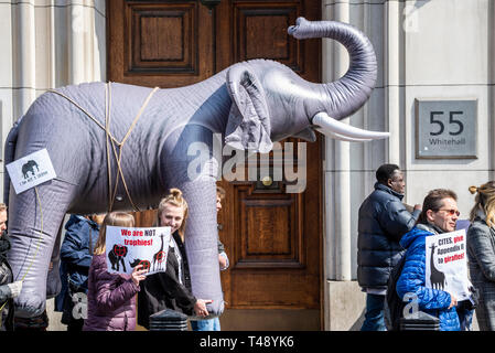 Demonstranten tragen einen aufblasbaren Elefanten durch die Straßen Londons bei einer Stop Trophäenjagd und Elfenbeinhandel Protestkundgebung in London, Großbritannien. DIT 55 Whitehall Stockfoto