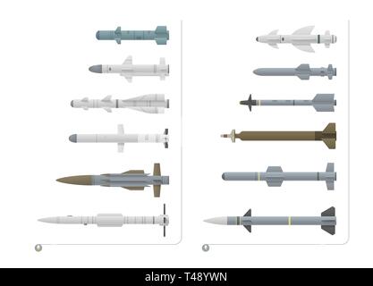 Der Kampfflugzeuge Raketen ist auf einem weißen Hintergrund. Es gibt Luft-Luft-Raketen, Luft-Boden-Raketen. Stock Vektor