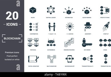 Blockchain eingestellt icons Collection. Enthält einfache Elemente wie Block, zentralen Hauptbuch, Verteilung, Block belohnen, Nachweis der Beteiligung, autonomen und Oder Stock Vektor