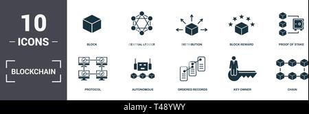 Blockchain eingestellt icons Collection. Enthält einfache Elemente wie Block, zentralen Hauptbuch, Verteilung, Block belohnen, Nachweis der Beteiligung, autonomen und Oder Stock Vektor