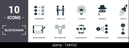 Blockchain eingestellt icons Collection. Enthält einfache Elemente wie Bestätigung, Transaktion, Innovation, Anonymität, Start Up, Multi-Signature und Bloc Stock Vektor