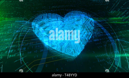 Blau digitale Herz Form Hologramm auf digitalen Hintergrund. Liebe, romantische, Medizin, Gesundheit abstrakte Konzept 3d-Abbildung. Stockfoto