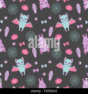 Cute Halloween nahtlose Muster mit Violett und Blau cartoon Fledermäuse, Spinnenweben, Bänder, Kürbisse und Augäpfel auf dunklen schwarzen Hintergrund Stockfoto