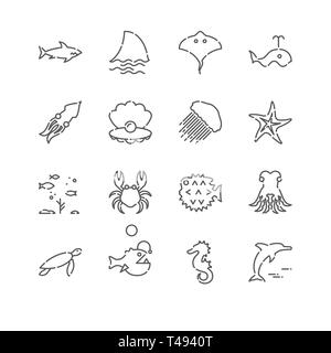 Symbol Leitung festgelegt. Marine Life Ähnliche lineare Symbole. Meer Tiere Symbole, Piktogramme, Zeichen. Stockfoto