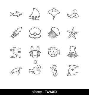 Symbol Leitung festgelegt. Marine Life Ähnliche lineare Symbole. Meer Tiere Symbole, Piktogramme, Zeichen. Stockfoto