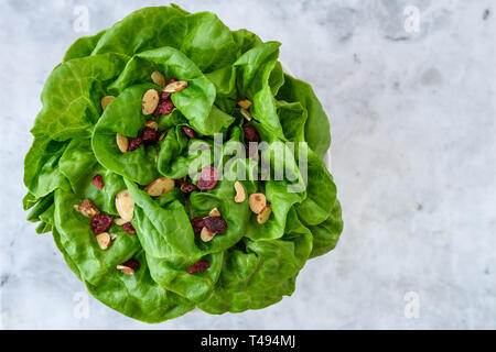 Leiter der frische Butter Kopfsalat mit in Scheiben geschnittenen Mandeln und getrockneten cranberry Salat Topper, in einer weißen Schüssel auf weißem und grauem Marmor Hintergrund Stockfoto