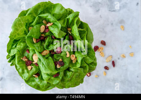 Leiter der frische Butter Kopfsalat mit in Scheiben geschnittenen Mandeln und getrockneten cranberry Salat Topper, in einer weißen Schüssel auf weißem und grauem Marmor Hintergrund, einige Mandeln Stockfoto