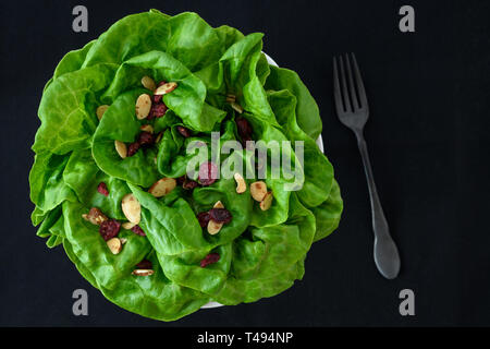 Leiter der frische Butter Kopfsalat mit in Scheiben geschnittenen Mandeln und getrockneten cranberry Salat Topper, in einer weißen Schüssel auf schwarzem Hintergrund, und Black Metal Gabel Stockfoto