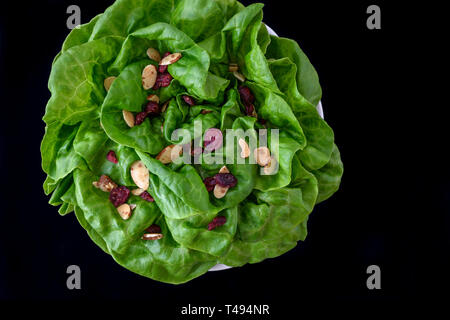 Leiter der frische Butter Kopfsalat mit in Scheiben geschnittenen Mandeln und getrockneten cranberry Salat Topper, in einer weißen Schüssel auf schwarzem Hintergrund Stockfoto