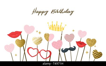 Happy birthday Design Template für die Grußkarte mit Photo Booth Requisiten. Vector Illustration. Stock Vektor