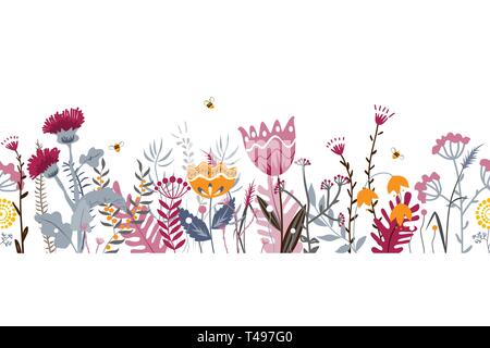 Vector Art nahtlose Hintergrund mit Hand gezeichnet wilden Kräutern, Blumen und Blätter auf Weiß. Doodle Art floral Abbildung Stock Vektor