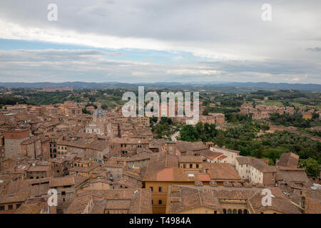 Panoramablick auf Siena Stadt mit historischen Gebäuden und weit weg die grünen Felder von Torre del Mangia ist ein Turm in der Stadt. Sommer sonnigen Tag und dramatische Stockfoto