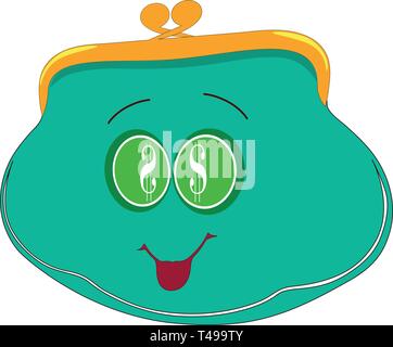 Flache Zeichnung einer grünen Brieftasche. Brieftasche mit Augen.Smiling Cartoon Brieftasche. Isoliert, weiß. Vektor Stock Vektor