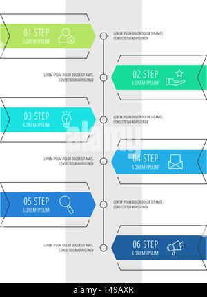 Moderne Vektor flachbild Abbildung. Infografik Pfeile Vorlage mit sechs Elementen, Formen, Symbole. Zeitplan für Unternehmen konzipiert, Präsentationen Stock Vektor