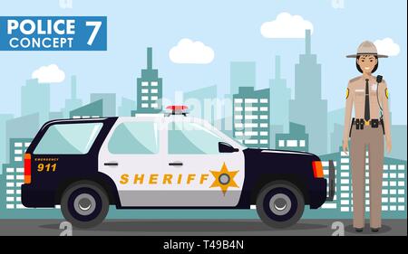 Polizei Konzept. Ausführliche Darstellung der Polizistin, Sheriff auf Hintergrund mit Polizeiauto und Stadtbild im flachen Stil. Vector Illustration. Stock Vektor