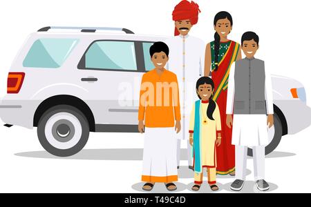 Familie und soziale Konzept. Indische person Generationen in verschiedenen Altersstufen. Satz von Menschen in traditionellen Nationale Kleidung: Vater, Mutter, Junge, Mädchen Stock Vektor