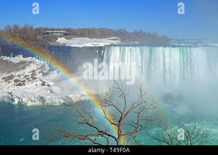 NIAGARA FALLS, NY-27 Mar 2019 - Blick auf einen Regenbogen über gefrorenes Eis und Schnee auf dem Niagara River und Niagara Falls im März 2019. Stockfoto