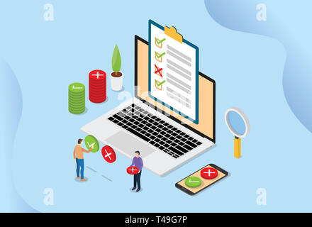 Online Umfrage Technologie Konzept mit Menschen und Laptop mit Checkliste Pools - Vector Illustration Stockfoto