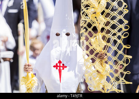 Sevilla, Spanien. 14 Apr, 2019. Ein büßer der Brüderlichkeit ''La Borriquita'' trägt eine Palm während seiner Parade zu Kathedrale am Palmsonntag, Tag namens Domingo de Ramos Credit: Daniel Gonzalez Acuna/ZUMA Draht/Alamy leben Nachrichten Stockfoto