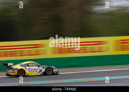 Monza, Italien. 14 Apr, 2019. ROWE Racing Porsche 911 GT3 R mit Treibern Mathieu Jaminet, Romain Dumas & Sven Müller während der 2019 Blancpain GT Serie am Autodromo di Monza, Monza, Italien am 14. April 2019. Foto von Jurek Biegus. Nur die redaktionelle Nutzung, eine Lizenz für die gewerbliche Nutzung erforderlich. Keine Verwendung in Wetten, Spiele oder einer einzelnen Verein/Liga/player Publikationen. Credit: UK Sport Pics Ltd/Alamy leben Nachrichten Stockfoto