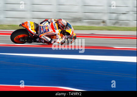 Austin, Texas, USA. 14. Apr 2019. April 14, 2019: Marc Marquez #93 mit Repsol Honda Team in Aktion MotoGP Aufwärmen beim Red Bull Grand Prix in Amerika. Austin, Texas. Mario Cantu/CSM Credit: Cal Sport Media/Alamy leben Nachrichten Stockfoto