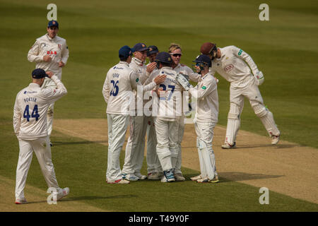 London, Großbritannien. 14 Apr, 2019. Simon Harmer feiert mit Teamkollegen, nachdem Sie den Wicket von Ollie Papst in Surrey übernehmen Essex am letzten Tag der Specsavers County Championship Match am Kia Oval. Quelle: David Rowe/Alamy leben Nachrichten Stockfoto