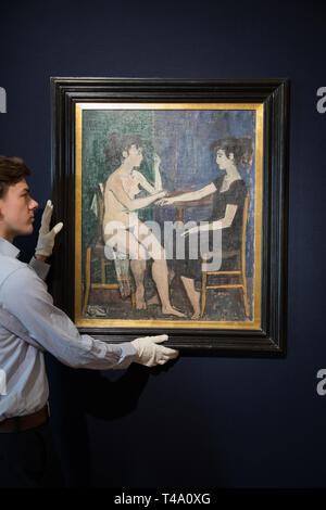 London, Großbritannien. 15 Apr, 2019. Das Foto für Bonhams griechische Verkauf fand bei Bonhams New Bond Street Saleroom. Der Verkauf ist die Zusammensetzung, von Yiannis Moralis (1916-2009). Es ist bei £ 70,000-100, 000 Euro veranschlagt. Der Verkauf findet am 17. April um 14:00 Uhr. Credit: Keith Larby/Alamy leben Nachrichten Stockfoto