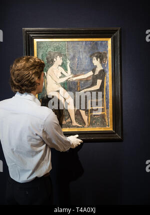 London, Großbritannien. 15 Apr, 2019. Das Foto für Bonhams griechische Verkauf fand bei Bonhams New Bond Street Saleroom. Der Verkauf ist die Zusammensetzung, von Yiannis Moralis (1916-2009). Es ist bei £ 70,000-100, 000 Euro veranschlagt. Der Verkauf findet am 17. April um 14:00 Uhr. Credit: Keith Larby/Alamy leben Nachrichten Stockfoto