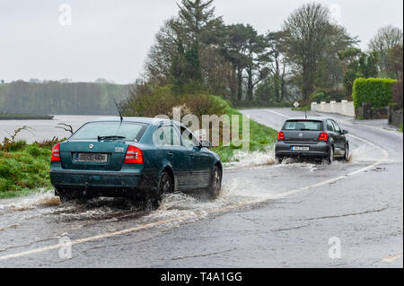 Skibbereen, West Cork, Irland. 15 Apr, 2019. Viel in Irland befindet sich mitten in einem Status Orange Niederschlag Warnung, ausgestellt von Met Éireann. Autos verhandeln einen Punkt Flut auf der N71 in der Nähe von Skibbereen. Credit: Andy Gibson/Alamy leben Nachrichten Stockfoto