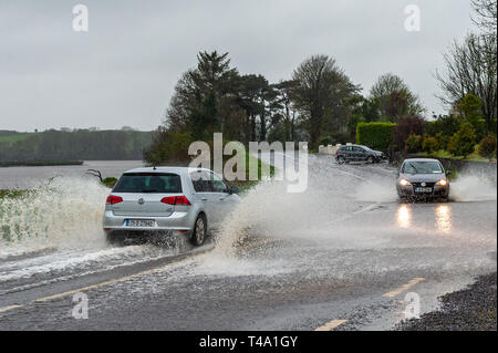 Skibbereen, West Cork, Irland. 15 Apr, 2019. Viel in Irland befindet sich mitten in einem Status Orange Niederschlag Warnung, ausgestellt von Met Éireann. Autos verhandeln einen Punkt Flut auf der N71 in der Nähe von Skibbereen. Credit: Andy Gibson/Alamy leben Nachrichten Stockfoto