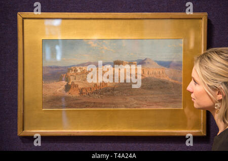 London, Großbritannien. 15. April 2019. Bonhams griechische Kunst Verkauf Vorschau erfolgt an der New Bond Street. Bild: Carl Haag, das Parthenon. Der Verkauf findet am 17. April. Credit: Malcolm Park/Alamy Leben Nachrichten. Stockfoto