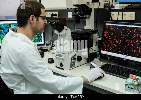 Tel Aviv, Israel. 15. April 2019. Tel Aviv University Forscher haben den weltweit ersten 3D-Herz einschließlich Zellen, Blutgefäße, Vorhöfe und Kammern mit eigenen Zellen werden der Patientenname und die biologische Materialien konstruiert Vaskularisierten gedruckt. Bis jetzt, Wissenschaftler in der regenerativen Medizin erfolgreich drucken nur einfache Gewebe ohne Blutgefäße. Wissenschaftler im Labor von Prof. Tal Dvir Anspruch Studie ebnet den Weg in eine Zukunft, in der die Patienten müssen nicht mehr für Transplantationen zu warten noch die Hindernisse der Ablehnung begegnen. Credit: Nir Alon/Alamy leben Nachrichten Stockfoto