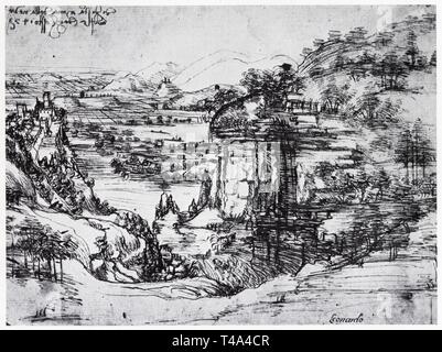 LEONARDO DA VINCI. LA VALLÉE DE L'ARNO. DESSIN PANORAMIQUE. 5 AOÛT 1473. Stockfoto