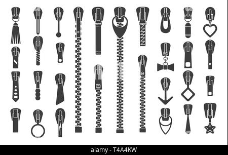 Reißverschluss Silhouetten. Zip zieht oder Reißverschluss publikumsmagneten Vektor-illustration, Schwarz Reißverschluss lieferbar Sammlung auf weißem Hintergrund Stock Vektor