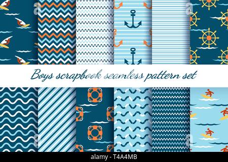 Jungen scrapbook Muster. Baby Boy wallpaper Dusche, jungen scrapbooking Papier Vektor nahtlose Muster Stock Vektor