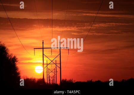 Kansas helle orange Sonnenuntergang mit Power Line Silhouette mit der Baum nördlich von Hutchinson, Kansas, USA, die in dem Land. Stockfoto