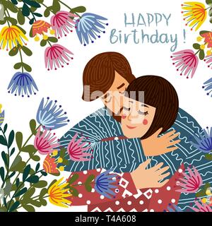 Alles Gute zum Geburtstag. Mann küsse und beglückwünscht Frau, Paar in der Liebe mit Blumen auf einem weißen Hintergrund. Flache niedliche Design Vector Stock Vektor