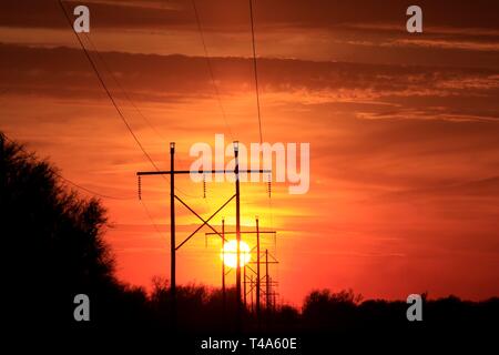 Kansas helle orange Sonnenuntergang mit Power Line Silhouette mit der Baum nördlich von Hutchinson, Kansas, USA, die in dem Land. Stockfoto