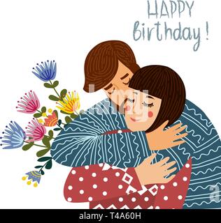 Alles Gute zum Geburtstag. Mann küsse und beglückwünscht Frau, Paar in der Liebe mit Text auf einem weißen Hintergrund. Flache niedliche Design Vector Stock Vektor