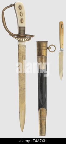 Eine Jagd Aufhänger für älterer Aufseher in der Forstwirtschaft service, von den 1920er Jahren, mit der nicht identifizierten Maker's Mark Single-umrandete mit geätzten Szenen von Jagdhunden, hirschkopf Blade und Laub. Fehlschärfe mit unbekannter Marke VS" in einem Kreis. Den Achsschenkel-bow Griff mit Greifer counterguard die Reste von vergoldung. Elfenbein Griff Platten mit drei dekorativen angewendet. Länge 45,5 cm. Schwarz Leder überzogene hölzerne Scheide mit zuvor vergoldeten Armaturen. Die skinning Knife mit geätzte Jagdszenen und Elfenbein Griff Platten. Länge 21 cm. Die, Additional-Rights - Clearance-Info - Not-Available Stockfoto