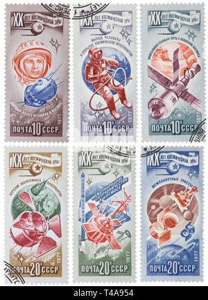 Udssr - ca. 1977: Sammlung von 6 Briefmarken in der UDSSR gedruckt, zeigt verschiedene russische Raumsonde, ca. 1977 Stockfoto