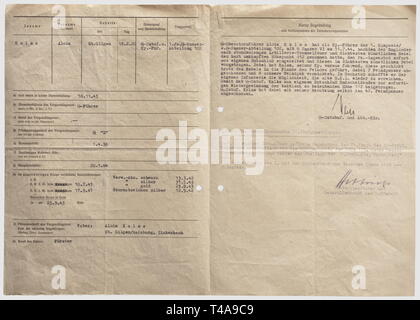 Alois Kalss, Empfehlung für die Vergabe des Kreuzes des Ritter zu den Obersturmbannführer und kommandierender Offizier der I./s. SS-Panzer-Abteilung 102, vom 20. Juli 1944 mit handschriftlichen Tinte Signatur 'Weiss' der Einheit Kommandeur SS-Obersturmbannführer Hans Weiss über die Begründung und eine weitere 'Weiss' Signatur in Tinte auf die Empfehlung Seite neben der Signatur" Bittrich' in unauslöschbaren Stift der SS-Gruppenführer und Generalleutnant der Waffen-SS Wilhelm Bittrich unter seine Billigung. Insgesamt drei DIN A4 Seiten, durchlöchert. Für seine vorbildliche Maßnahmen in Nein, Editorial-Use - Nur Stockfoto