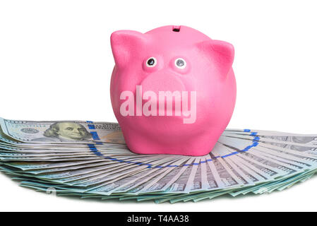 Rosa Sparschwein stehend auf ein Fan von einem Stapel von US-Dollar auf einem weißen Hintergrund isoliert Stockfoto