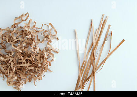 Braunes Papier in Streifen schneiden. Blick von oben. Weißer Hintergrund. Papier braun Späne. Stockfoto