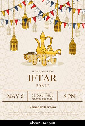 Islamische Iftar Party Einladung Flyer Card Design, Orientalische Teekanne und Schale, Termine mit Ramadan Dekoration in Cartoon Illustration. Stock Vektor