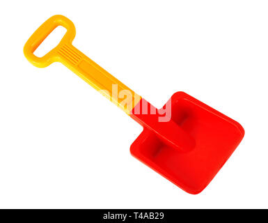 Tools Aufbau und Reparatur - Gelb Rot Spielzeug Schaufel mit Griff auf einem weißen Hintergrund. Es isoliert ist, den Arbeitnehmer über Pfade vorhanden ist. Stockfoto