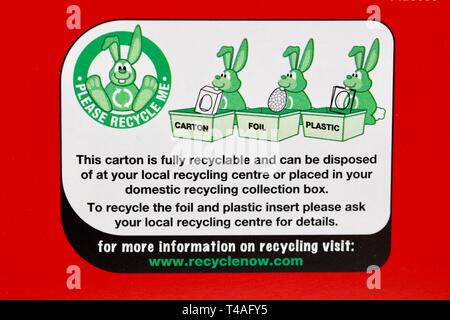 Recycling Informationen über Ostern Eier Karton Stockfoto