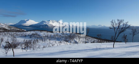 Blick von der Küstenlinie von Bakkejord, in der Nähe von Tromsø, Norwegen, Berge in der Ferne. März 2019. Stockfoto