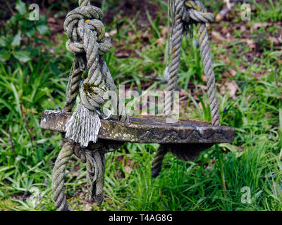 Ein altes Holz garten Schaukel und alten Hanfseile in einem bewaldeten Garten überdauern. Stockfoto